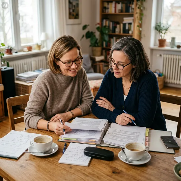Quelle: AI Was bleibt./elkb - eingebettet von www.nichtsvergessen.de Zwei Freundinnen besprechen Vorsorgeunterlagen