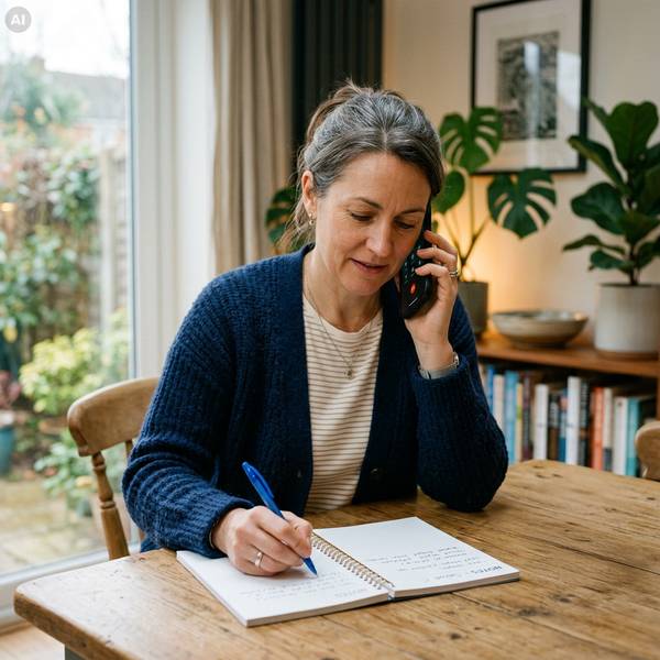 Frau mit Notizbuch telefoniert.